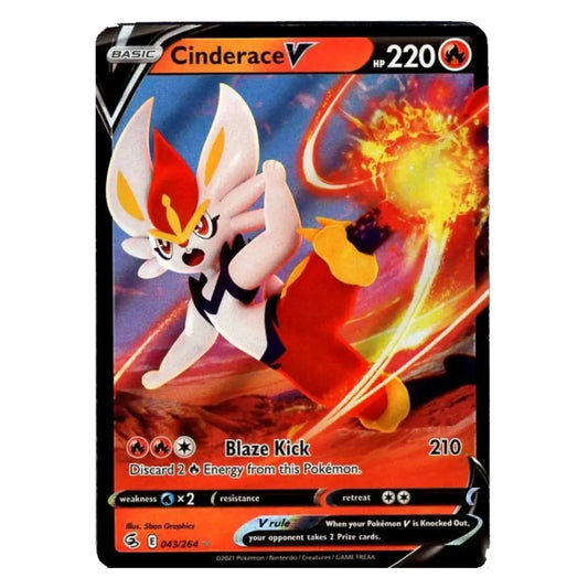 A single Pokémon trading card featuring Cinderace V in an action pose with a fiery explosion effect. The card has a black border, orange header, and artwork dominated by red, orange, yellow, and blue tones.