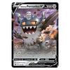 A single Pokémon trading card featuring Galarian Perrserker V, with artwork of a gray and white creature in a rocky purple landscape. The card has a black border and visible text including 'BASIC', 'Galarian Perrserker V', 'HP 200', and move text 'Feelin' Fine' and 'Treasure Rush'.