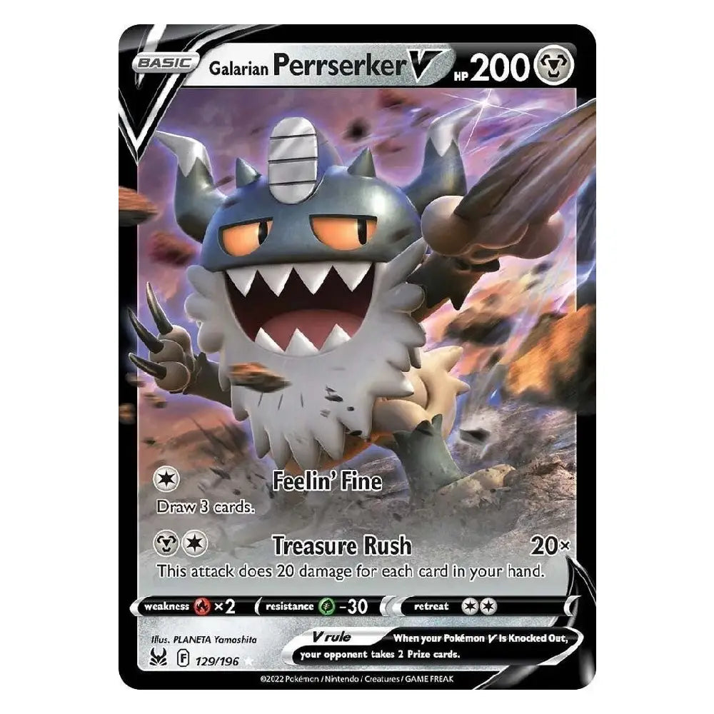A single Pokémon trading card featuring Galarian Perrserker V, with artwork of a gray and white creature in a rocky purple landscape. The card has a black border and visible text including 'BASIC', 'Galarian Perrserker V', 'HP 200', and move text 'Feelin' Fine' and 'Treasure Rush'.