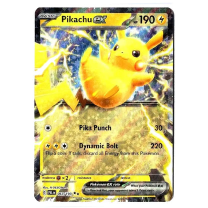 A single Pokémon trading card featuring Pikachu ex with a yellow electric aura, shown against a plain white background.
