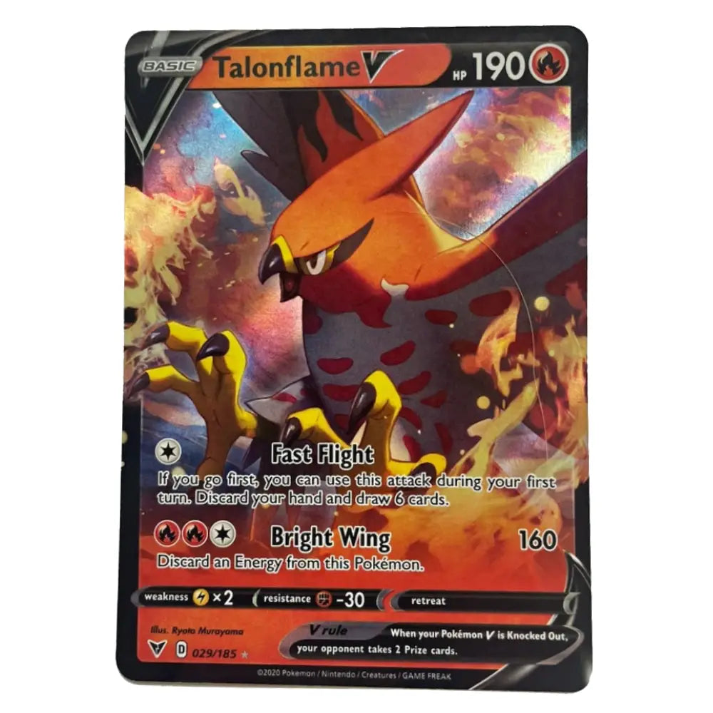 A single Pokémon trading card for Talonflame V, shown upright against a plain white background. The card features artwork of the fire-type bird with orange, red, yellow, and black tones, plus standard trading card text and stats.