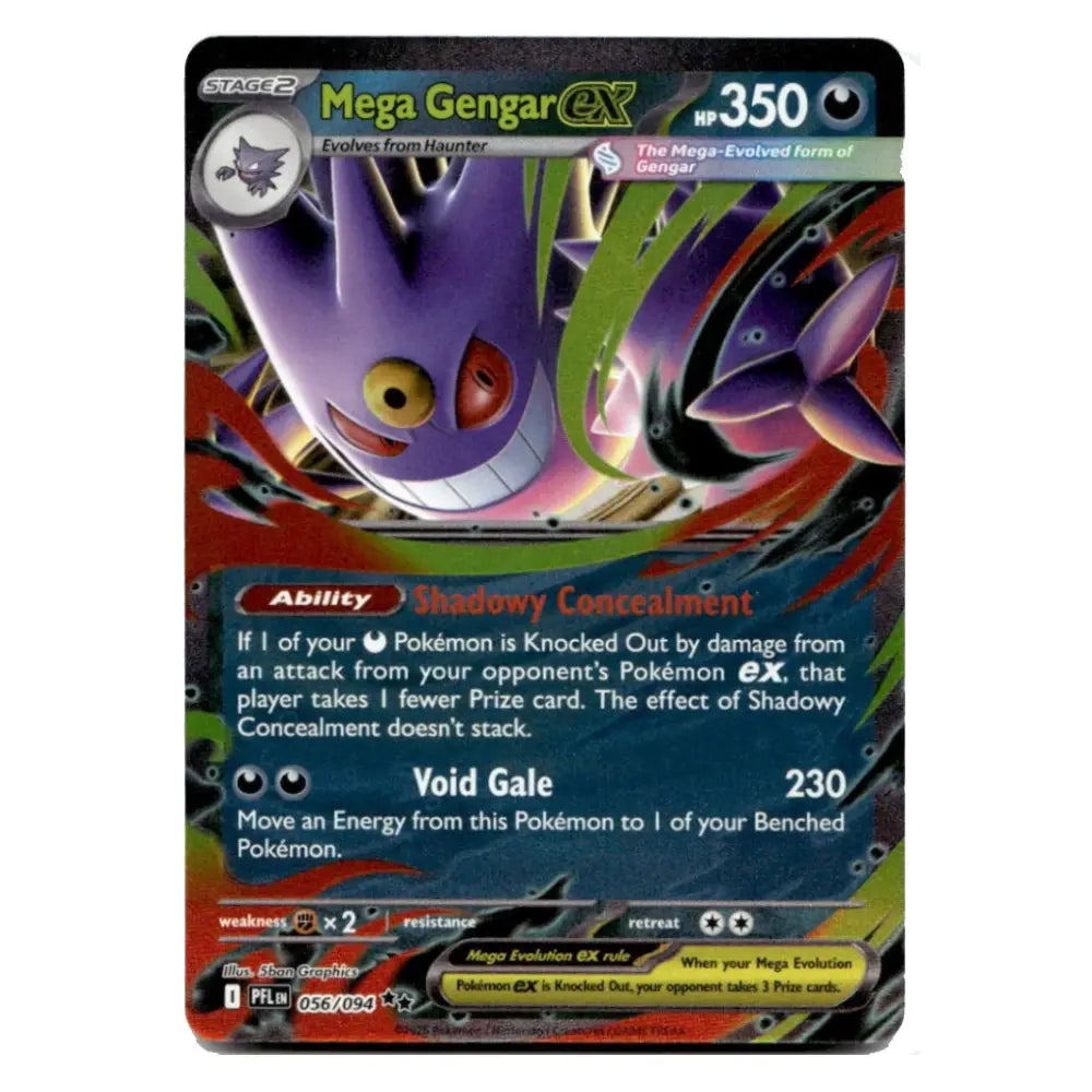 A single Pokémon trading card for Mega Gengar EX, shown upright against a plain white background. The card features artwork of a purple gengar with red and green accents, HP 350, and the Pokémon logo and branding visible.