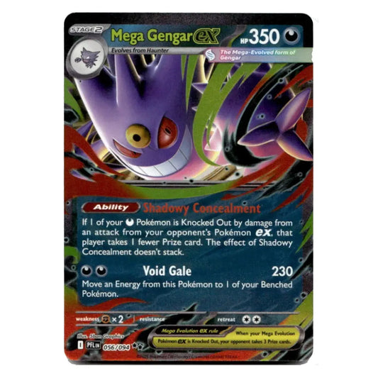 A single Pokémon trading card for Mega Gengar EX, shown upright against a plain white background. The card features artwork of a purple gengar with red and green accents, HP 350, and the Pokémon logo and branding visible.