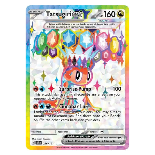 A single Pokémon trading card for Tatsugiri EX from the Tera expansion, featuring a colorful holographic card design with a white background and rainbow border effects.
