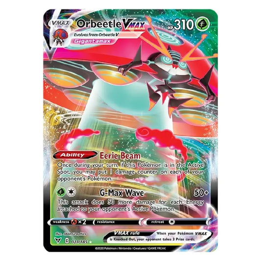A single Pokémon trading card featuring Orbeetle VMAX, with colorful artwork of the beetle-like Pokémon, game text, and a green border on a plain white background.
