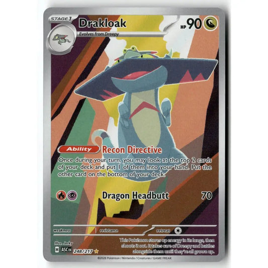 A single Pokémon trading card featuring Drakloak, a Stage 1 Dragon Headbutt card from the Eevee expansion. The card has a silver border and displays Drakloak's illustration, name, HP of 90, and the Dragon Headbutt attack text on a white background.
