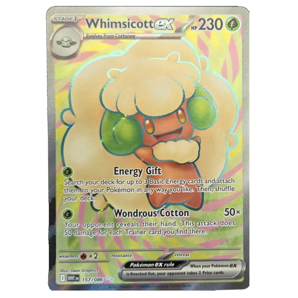 A holographic Pokémon trading card featuring the character Whimsicott EX, number 230. The card has a yellow and green background with a pinkish iridescent sheen, and the character is illustrated in the center.
