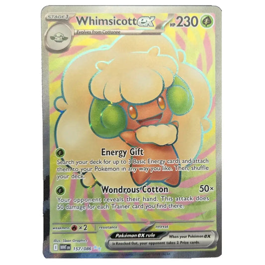 A holographic Pokémon trading card featuring the character Whimsicott EX, number 230. The card has a yellow and green background with a pinkish iridescent sheen, and the character is illustrated in the center.