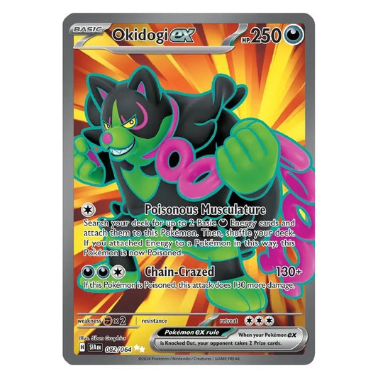 A single Pokémon trading card featuring Okidogi EX from the Basic set, with a colorful illustration of the character on a yellow and orange burst background and a gray card border.