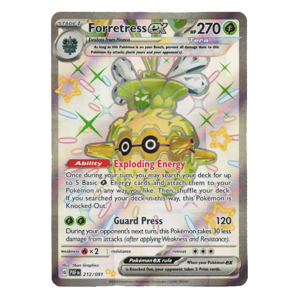 A holographic Pokémon trading card for Forretress EX from the Ultra Sun & Moon GX set, featuring a green Pokémon with a car-shaped body and a silver holographic border.