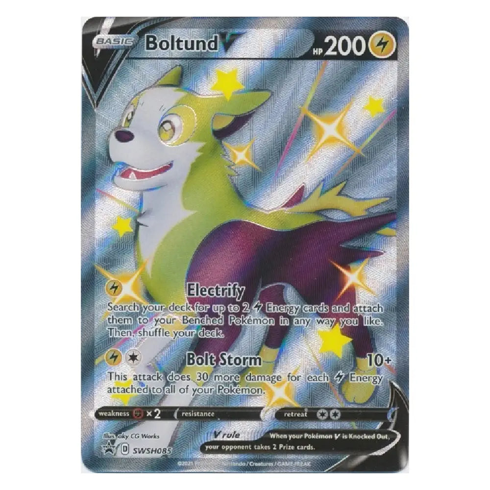 A single Pokémon trading card for Boltund from the Swirlix expansion, featuring a holographic silver background with an illustration of the character in green, white, and purple with yellow star effects.