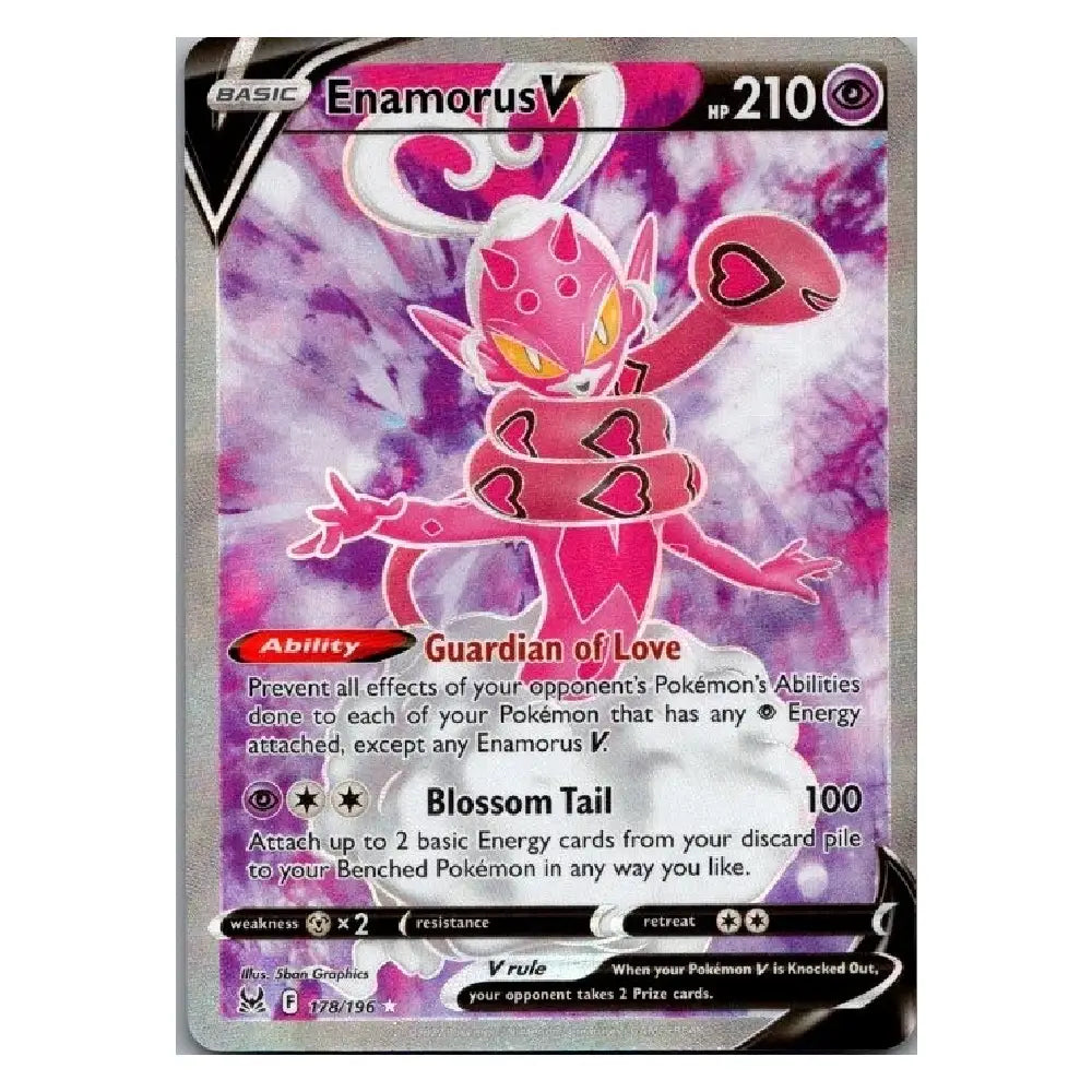 A single Pokémon trading card featuring Enamorus V, a pink and purple creature with a heart-shaped tail, shown against a plain white background.
