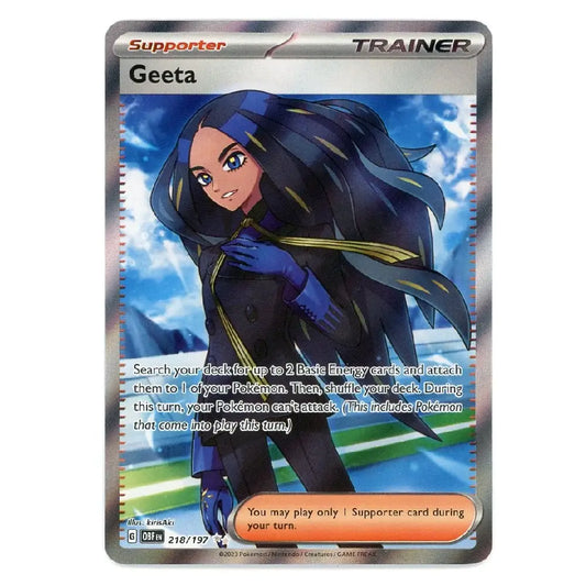 A single Pokémon TCG card featuring Geeta, a Supporter Trainer. The card has a metallic silver border, a blue sky and water background illustration, and character artwork of Geeta in a dark blue outfit with gold accents.
