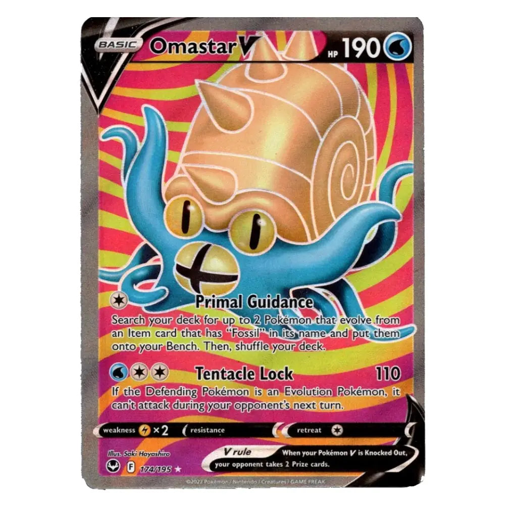 A single Pokémon trading card featuring Omastar V from the Basic set, with a colorful illustration of the creature in blue and gold against a pink striped background.
