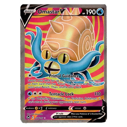 A single Pokémon trading card featuring Omastar V from the Basic set, with a colorful illustration of the creature in blue and gold against a pink striped background.