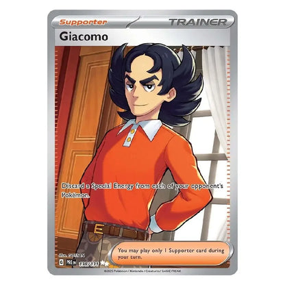 A Pokémon trading card featuring Giacomo, a Supporter Trainer. The card has a silver border with 'Supporter' and 'Trainer' labels, and an illustration of a character with dark hair wearing an orange sweater.