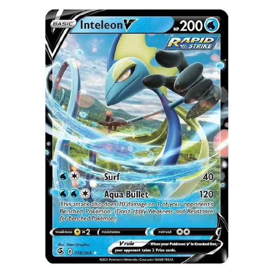 A single Pokémon trading card for Intelion V from the Rapid Strike set, featuring artwork of the blue and yellow Pokémon in an action scene with water effects. The card has a black border with blue, white, and yellow design elements.