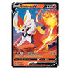 A single Pokémon trading card featuring Cinderace V, shown against a plain white background. The card has a black border, fiery orange and yellow artwork, and visible text including 'BASIC', 'Cinderace V', 'HP 220', and 'Blaze Kick'.