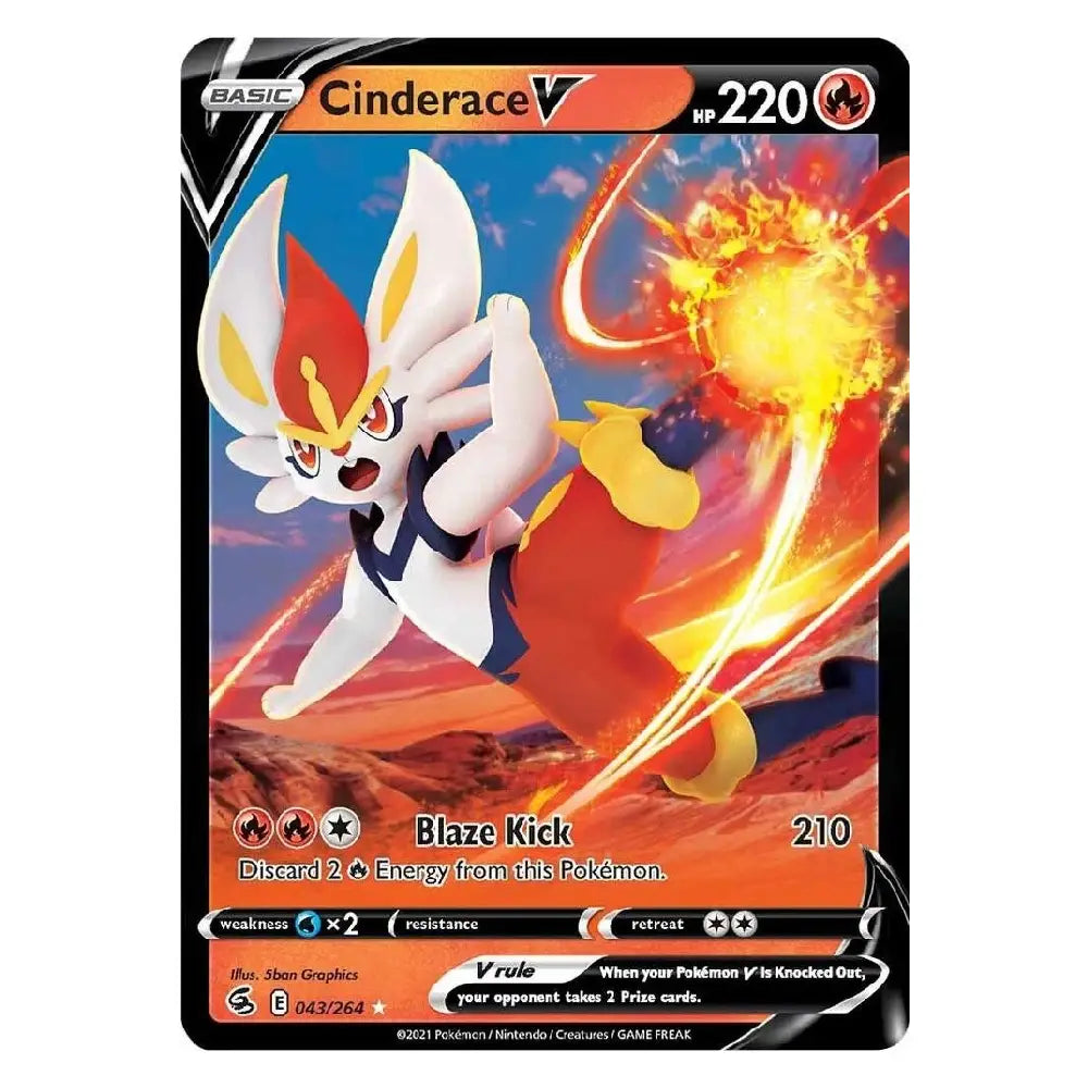 A single Pokémon trading card featuring Cinderace V, shown against a plain white background. The card has a black border, fiery orange and yellow artwork, and visible text including 'BASIC', 'Cinderace V', 'HP 220', and 'Blaze Kick'.