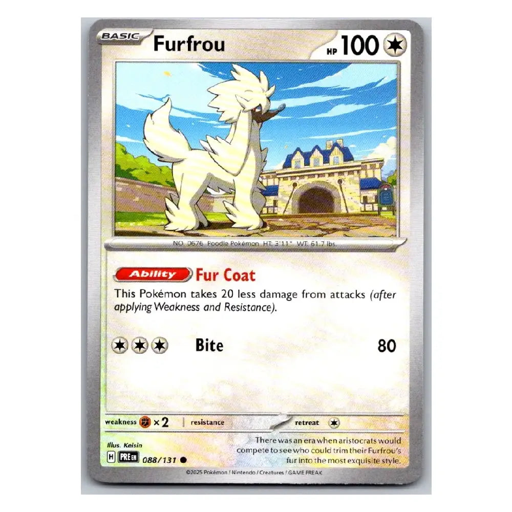 A single Pokémon trading card for Furfrou from the Basic set, shown against a plain white background. The card features artwork of a white furry Pokémon standing in front of a blue sky and stone building, with game text and stats printed below.