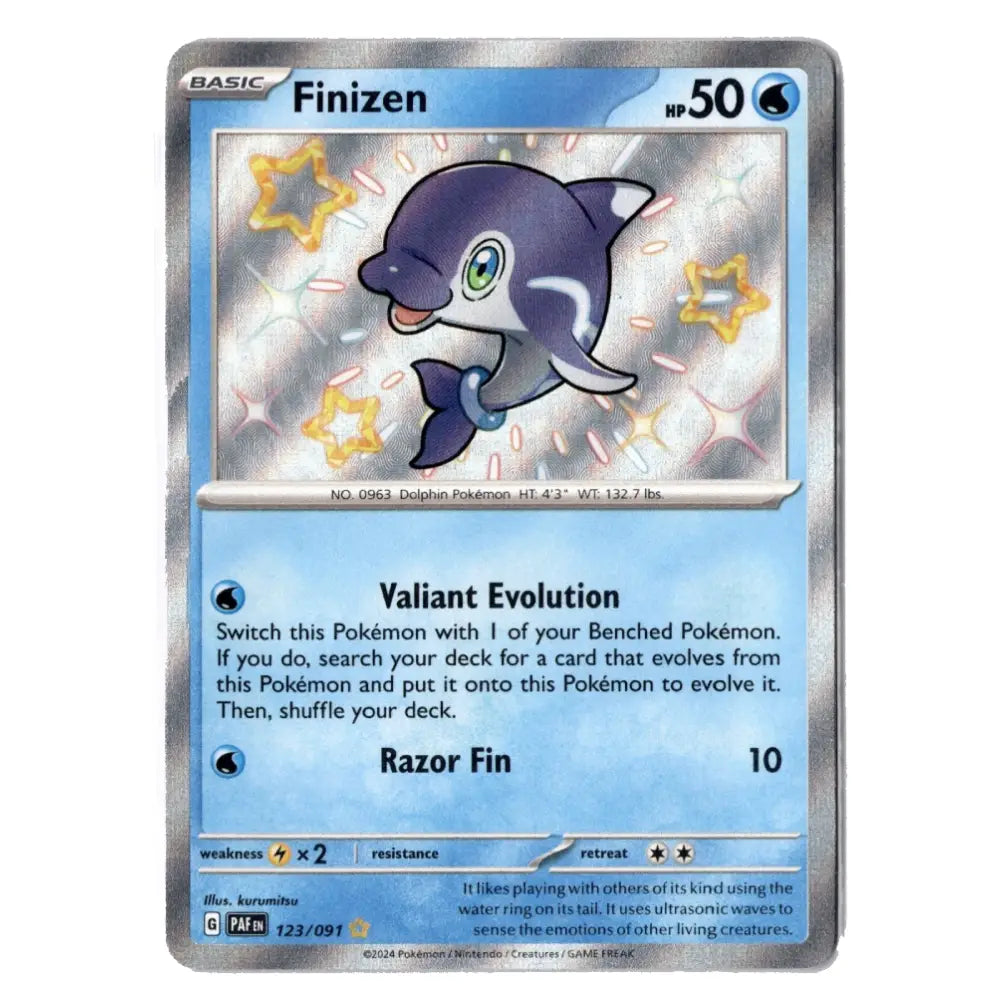 A holographic Pokémon trading card of Finizen from the Basic Set, featuring a blue and purple dolphin illustration with a silver border.