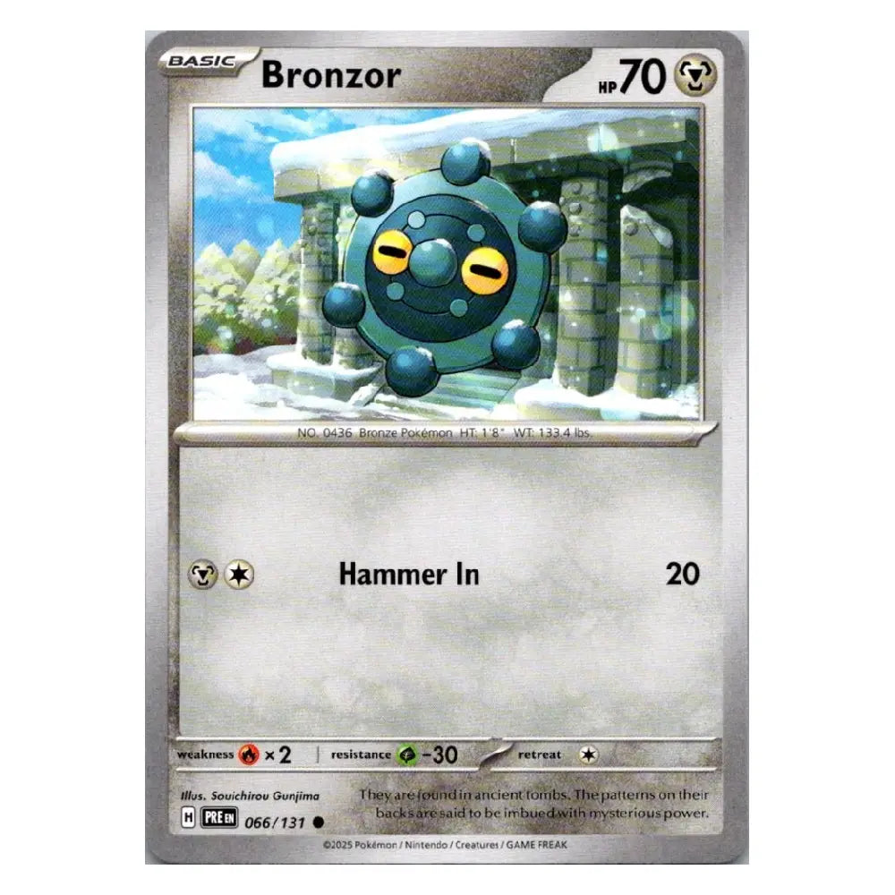 A single Pokémon trading card for Bronzor, shown against a plain white background. The card features a silver-gray border, the name 'Bronzor' at the top, and an illustration of the blue creature in a snowy stone structure.