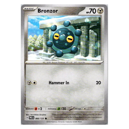 A single Pokémon trading card for Bronzor, shown against a plain white background. The card features a silver-gray border, the name 'Bronzor' at the top, and an illustration of the blue creature in a snowy stone structure.