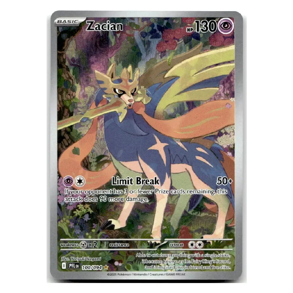 A single Pokémon trading card featuring Zacian from the Basic set, shown upright against a plain white background. The card has a silver border and displays the character Zacian in blue, gold, and orange tones with a colorful forest-like artwork background.