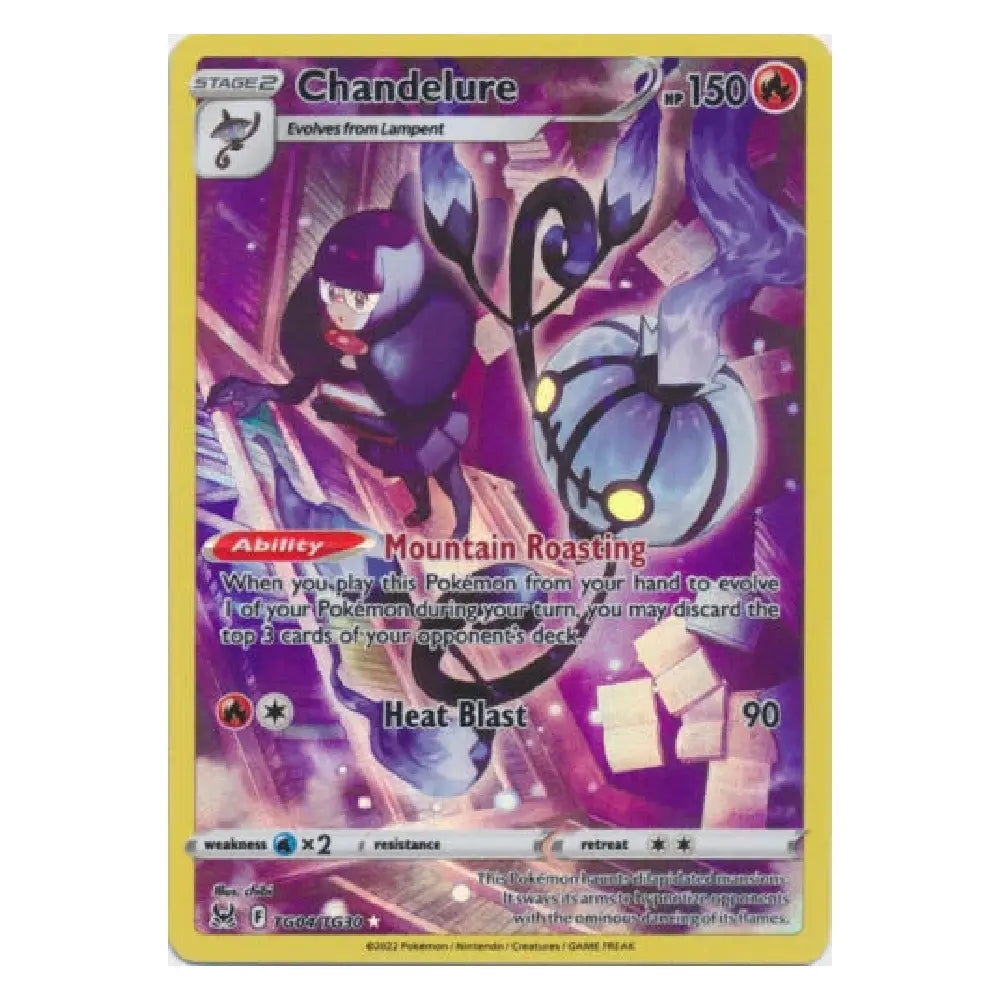 A single Pokémon trading card featuring Chandelure, shown upright against a plain white background. The card has a yellow border and artwork dominated by purple and pink tones, with Chandelure illustrated in a glowing purple form and the text 'Chandelure', 'Mountain Roasting', and 'Heat Blast' visible.