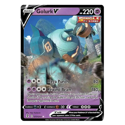 A single Pokémon trading card for Golurk V from the Basic Set, featuring artwork of the Mega Stone-type Pokémon in a battle scene. The card has a purple header, black border, and visible text including 'Golurk V', '220', 'Single Strike', and attack names 'Mega Punch' and 'Rewind Beam'.