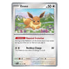 A single Pokémon trading card for Eevee, shown flat against a plain white background. The card has a silver border, the character name Eevee at the top, artwork of the fox-like Pokémon in a grassy landscape, and game text including 'Boosted Evolution' and 'Reckless Charge'.