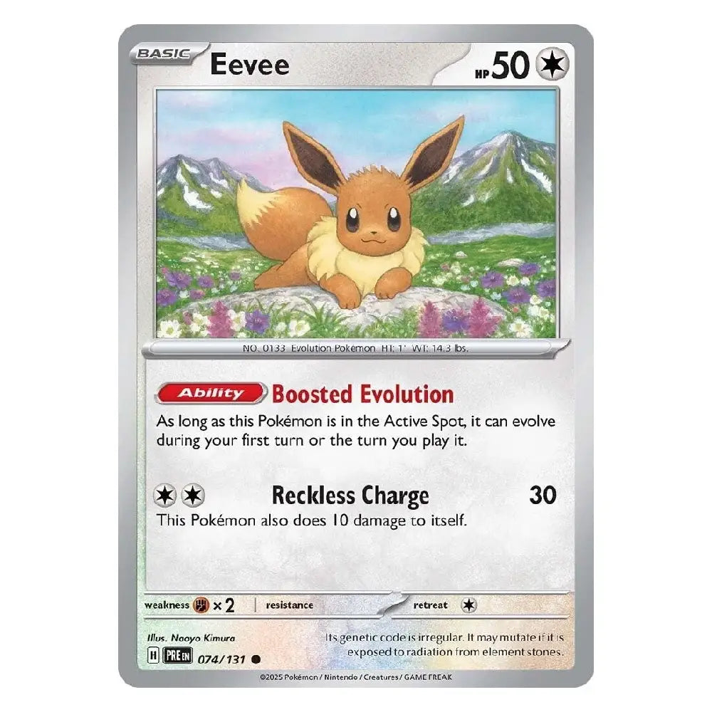 A single Pokémon trading card for Eevee, shown flat against a plain white background. The card has a silver border, the character name Eevee at the top, artwork of the fox-like Pokémon in a grassy landscape, and game text including 'Boosted Evolution' and 'Reckless Charge'.