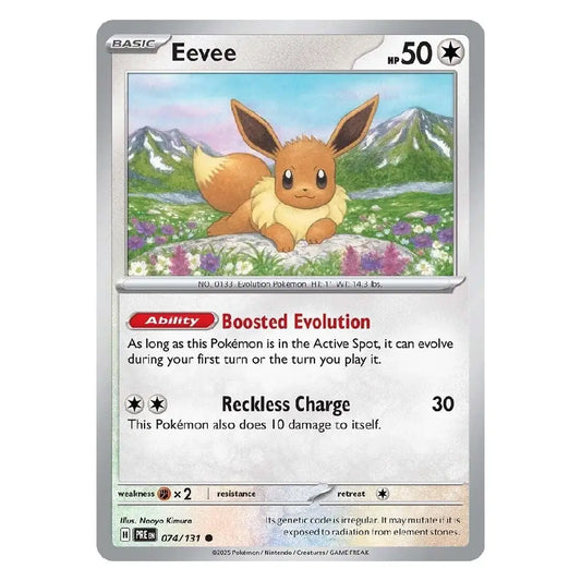 A single Pokémon trading card for Eevee, shown flat against a plain white background. The card has a silver border, the character name Eevee at the top, artwork of the fox-like Pokémon in a grassy landscape, and game text including 'Boosted Evolution' and 'Reckless Charge'.