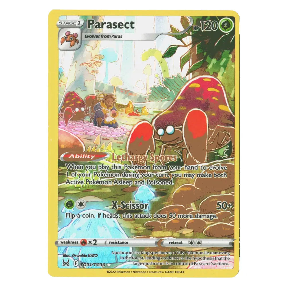 A single Pokémon trading card for Parasect, shown flat against a plain white background. The card has a yellow border and features artwork of a red-and-green parasitic creature in a forest, with game text and stats visible.