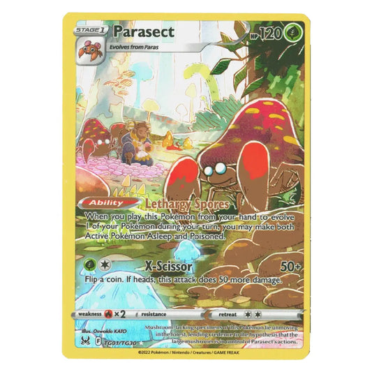 A single Pokémon trading card for Parasect, shown flat against a plain white background. The card has a yellow border and features artwork of a red-and-green parasitic creature in a forest, with game text and stats visible.