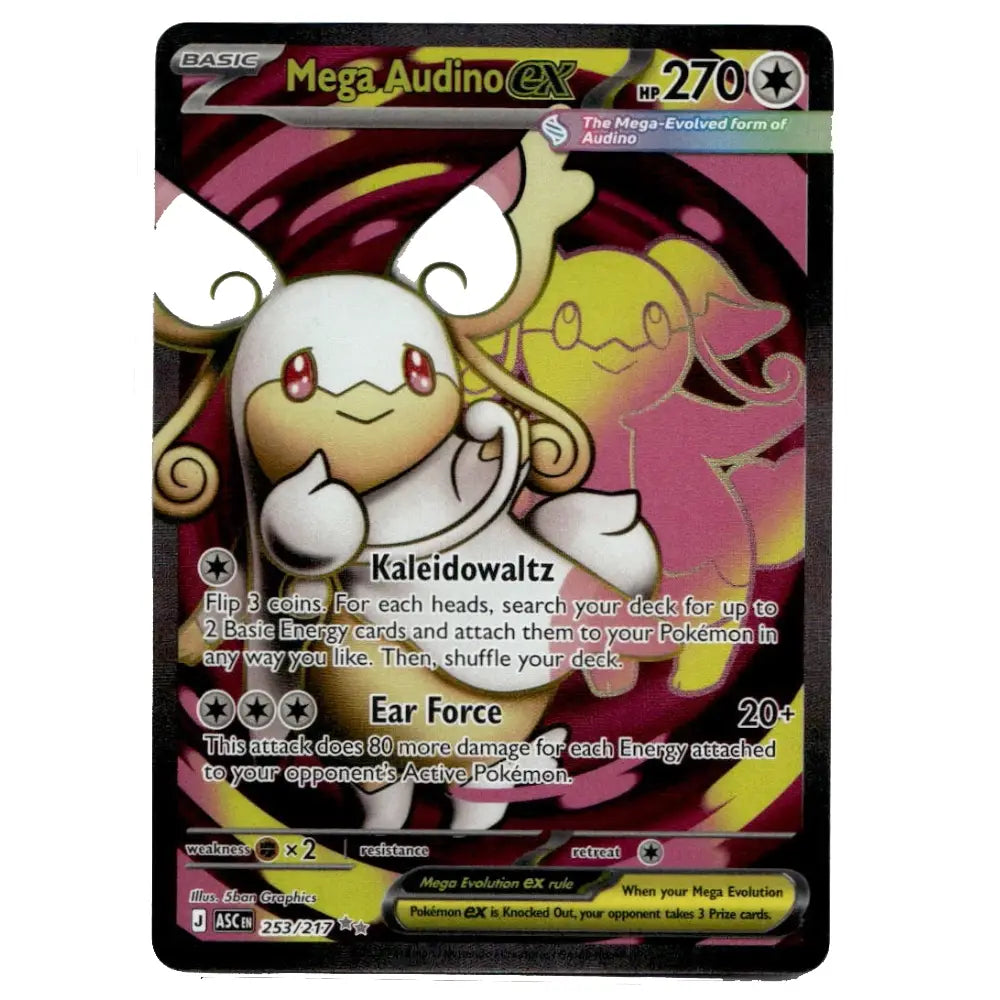 A single Pokémon trading card featuring Mega Audino EX, with Kaldeowrtz artwork and card text visible, photographed against a plain white background.