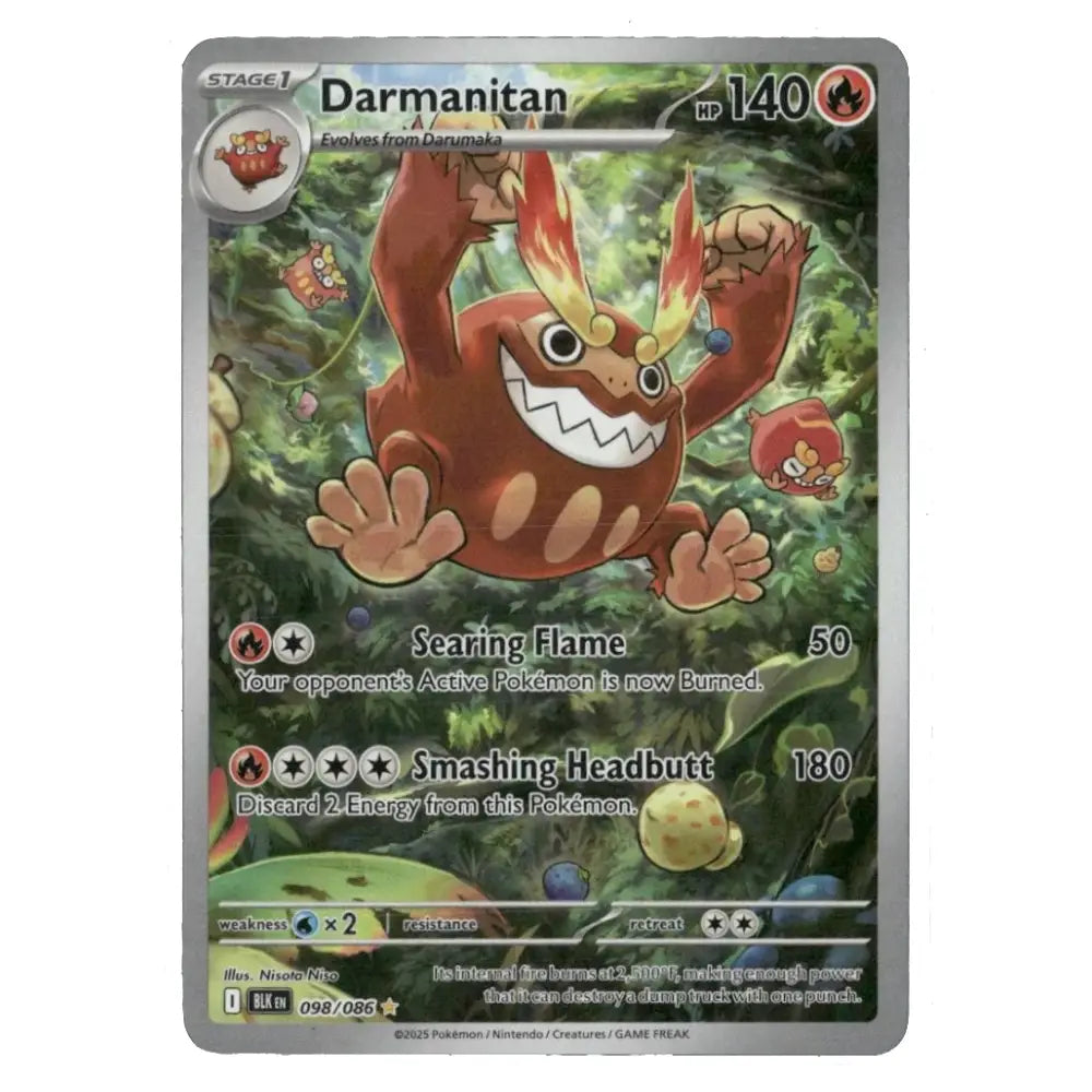 A single Pokémon trading card featuring Darmanitan, a Stage 1 fire-type creature with a brown body, orange flames, and a green forest background illustration. The card has a silver border and visible Pokémon branding at the bottom.