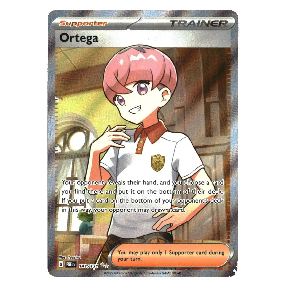 A Magic: The Gathering trading card featuring the character Ortega as a Supporter Trainer. The card has a silver holographic border, with an illustration of a smiling character with pink hair wearing a white polo shirt with a brown collar, set against a plain white background.