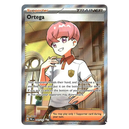 A Magic: The Gathering trading card featuring the character Ortega as a Supporter Trainer. The card has a silver holographic border, with an illustration of a smiling character with pink hair wearing a white polo shirt with a brown collar, set against a plain white background.