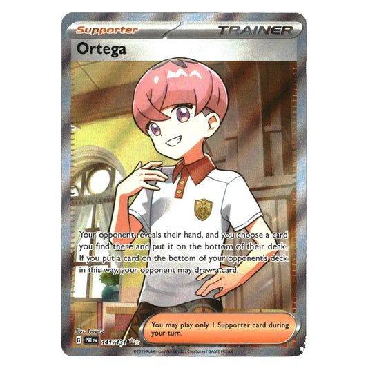 A Magic: The Gathering trading card featuring the character Ortega as a Supporter Trainer. The card has a silver holographic border, with an illustration of a smiling character with pink hair wearing a white polo shirt with a brown collar, set against a plain white background.