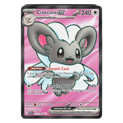 A single Pokémon trading card featuring Cincino EX from the Eevee expansion, with a pink and white card face, black border, and visible Pokémon branding at the bottom.