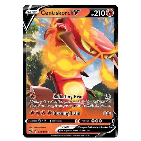 A single Pokémon trading card featuring Centiskorch V from the Basic set, with artwork of a red fire-type Pokémon surrounded by flames and the card interface elements visible.