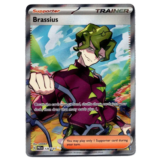 A single Pokémon trading card featuring Brassius from the Groudon expansion, with an illustrated character in a green hat and burgundy outfit on a colorful landscape background. The card has a dark gray border and visible 'Supporter' and 'TRAINER' text at the top.