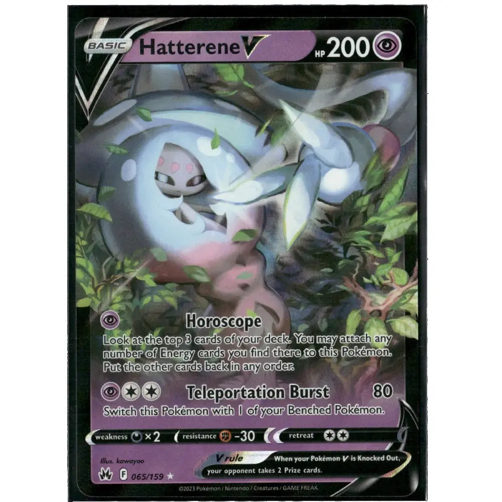 A single Pokémon trading card for Hatterene V, shown against a plain white background. The card features artwork of a pale, ghostly creature in a forest, with purple and black framing and visible Pokémon branding at the top.