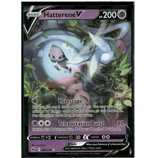 A single Pokémon trading card for Hatterene V, shown against a plain white background. The card features artwork of a pale, ghostly creature in a forest, with purple and black framing and visible Pokémon branding at the top.