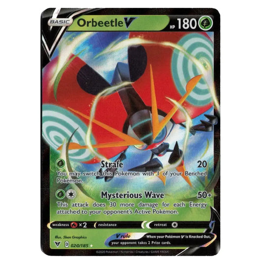 A single Pokémon trading card for Orbeetle V, shown against a plain white background. The card features artwork of Orbeetle with red, black, blue, and green tones, and visible text including 'BASIC', 'Orbeetle V', '180', and 'Strafe'.