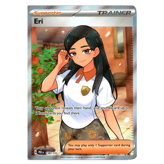 A single Pokémon trading card featuring the character Eri as a Supporter Trainer. The card has a metallic silver border, with the character illustrated in a white shirt and patterned skirt against a warm indoor background.