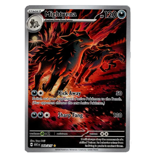 A single Pokémon trading card featuring the character Mightyena, with fiery red and black artwork, a gray card border, and printed text including 'Stage 1', '120', 'Kick Away', and 'Sharp Fang'.