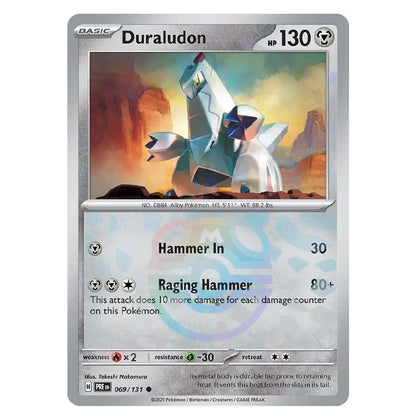 A single Pokémon trading card for Duraludon from the Basic set, shown against a plain white background. The card features artwork of a white armored dinosaur-like creature in a desert canyon, with the text 'Duraludon', 'BASIC', 'W 130', and attack text including 'Hammer In' and 'Raging Hammer'.