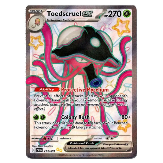 A single Pokémon trading card for Toedscruel EX from the Eevee Evolutions expansion, featuring a stylized illustration of a black and white creature with bright pink tentacles on a light background with star motifs.